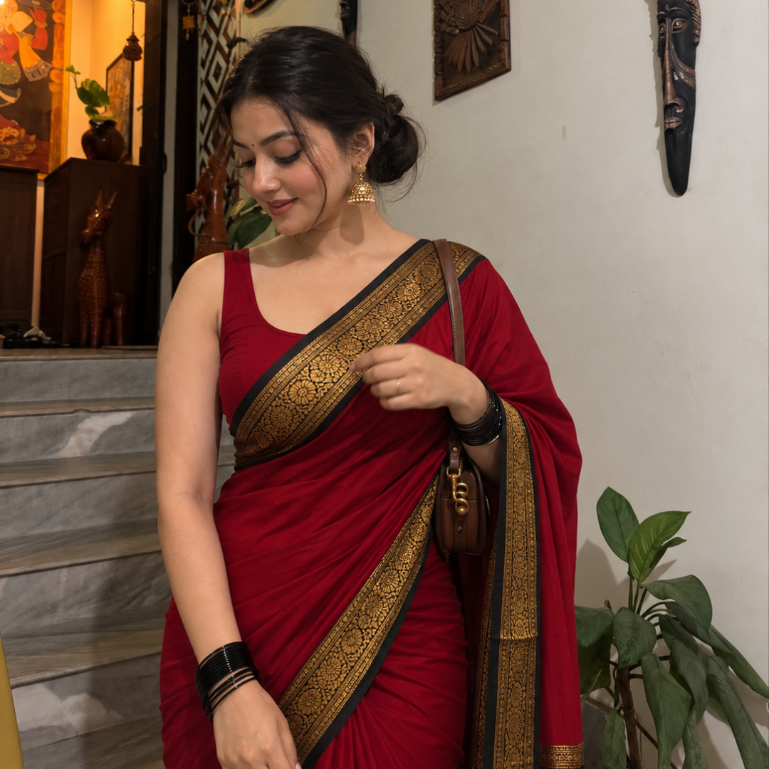 Red & Brown Soft Cotton Silk Ruby Garden Charm Saree