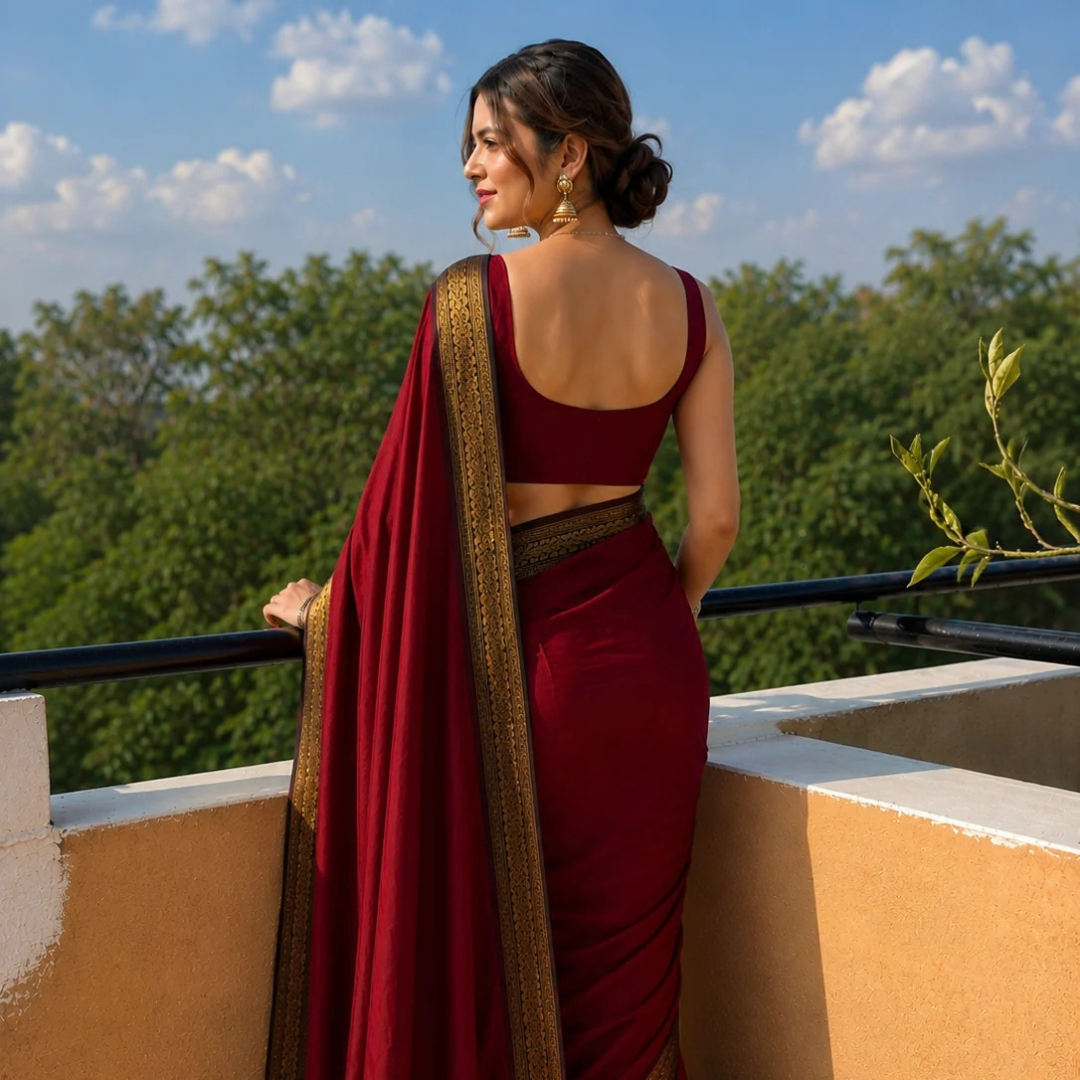 Ruby Red Twitter Red & Brown Soft Cotton Silk Ruby Garden Charm Saree β Princess Aura