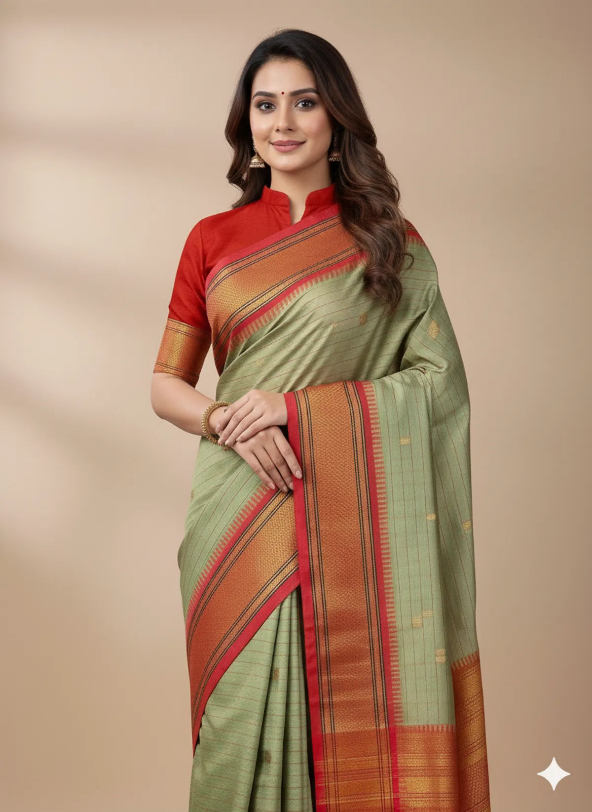 Olive Green Red Soft Cotton Silk Olive Ember Harmony Saree For Women