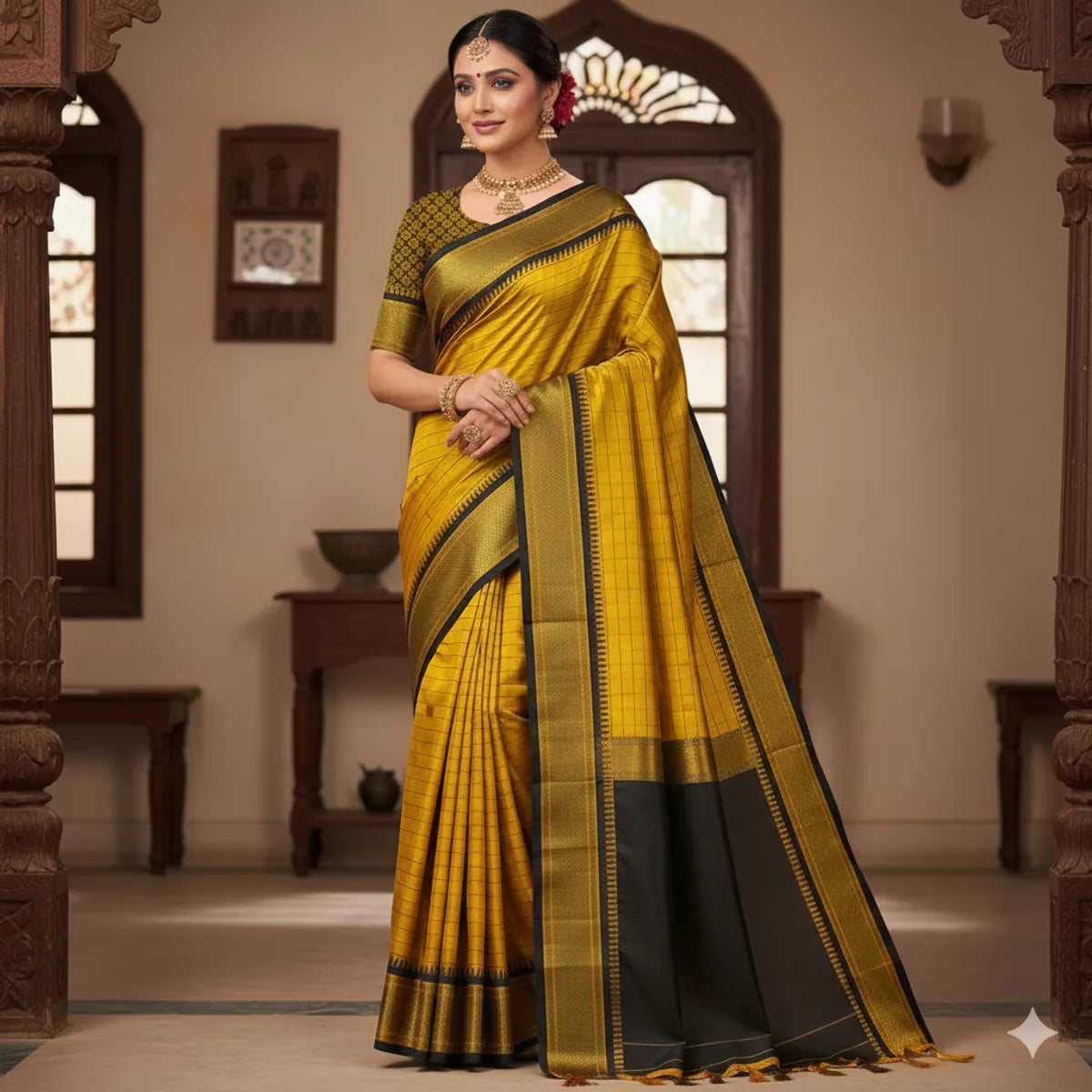 Gold Black Soft Cotton Silk Midnight Grace Saree For Women