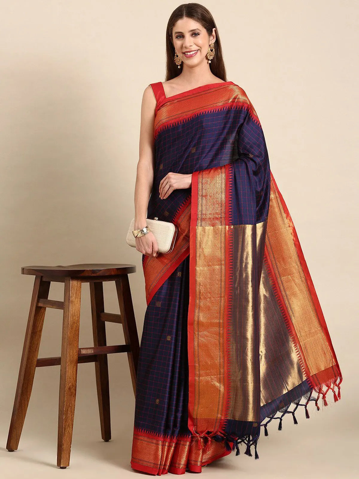 Navy Blue Red Soft Cotton Silk Nautical Ruby Muse Saree For Women