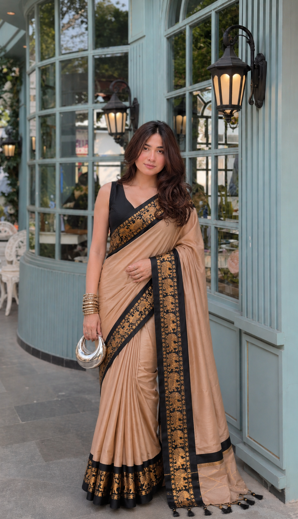 Chiku & Black  Soft Cotton Silk Royal Procession Drape Saree For Women