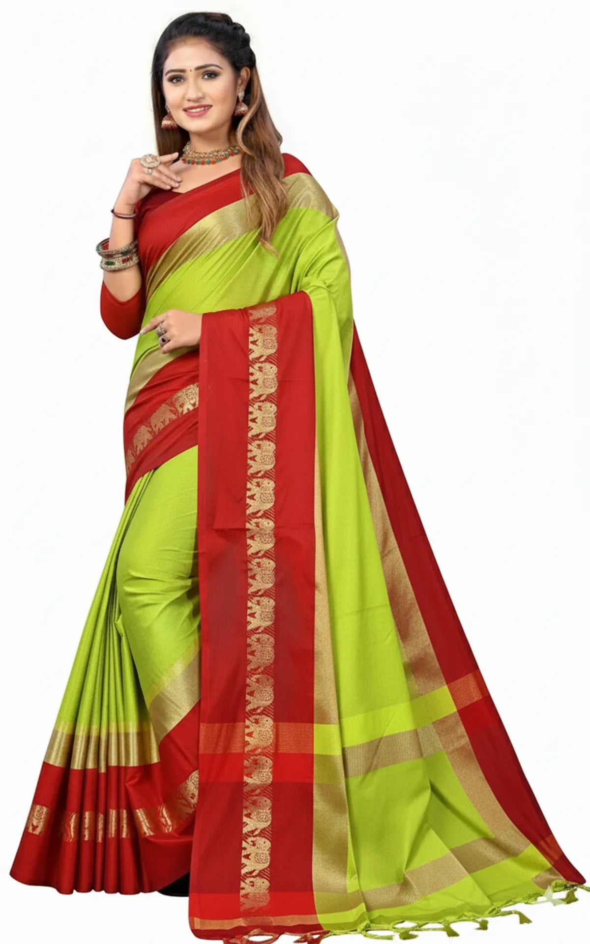Lemon & Red  Soft Cotton Silk Auspicious Gaja Motif Saree For Women