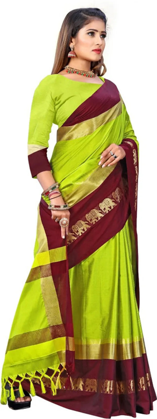 LEMON GREEN & BROWN SOFT COTTON SILK CITRUS EARTH BLOOM SAREE