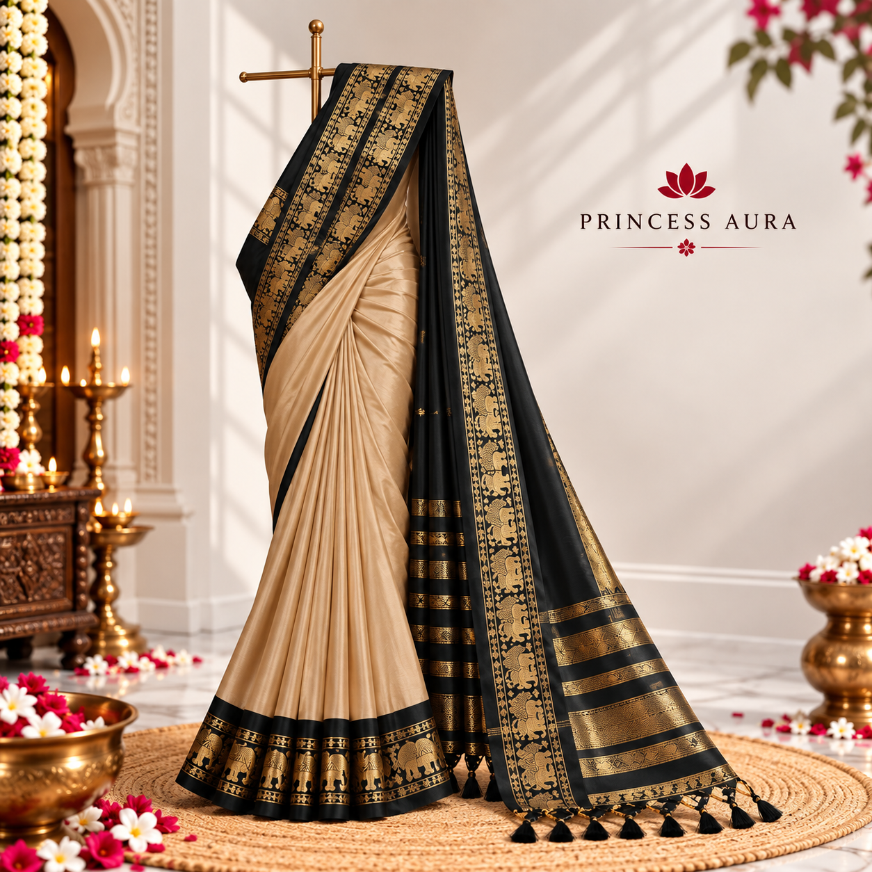 Chiku & Black  Soft Cotton Silk Royal Procession Drape Saree For Women