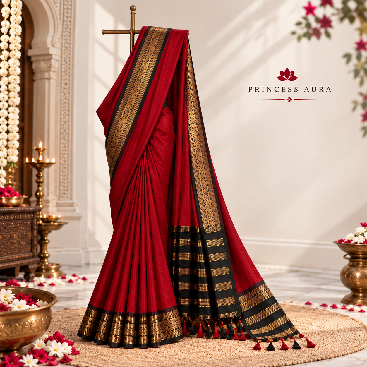 Red & Brown Soft Cotton Silk Ruby Garden Charm Saree