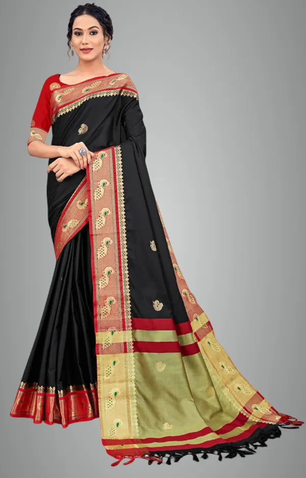 BLACK & RED SOFT COTTON SILK CRIMSON NOIR FUSION SAREE FOR WOMEN