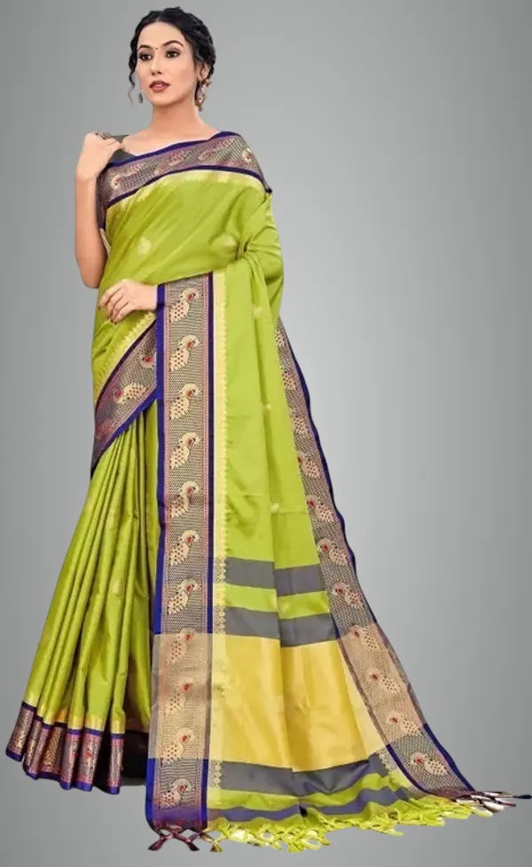 LEMON GREEN & NAVY BLUE SOFT COTTON SILK  OCEAN SPARK SAREE