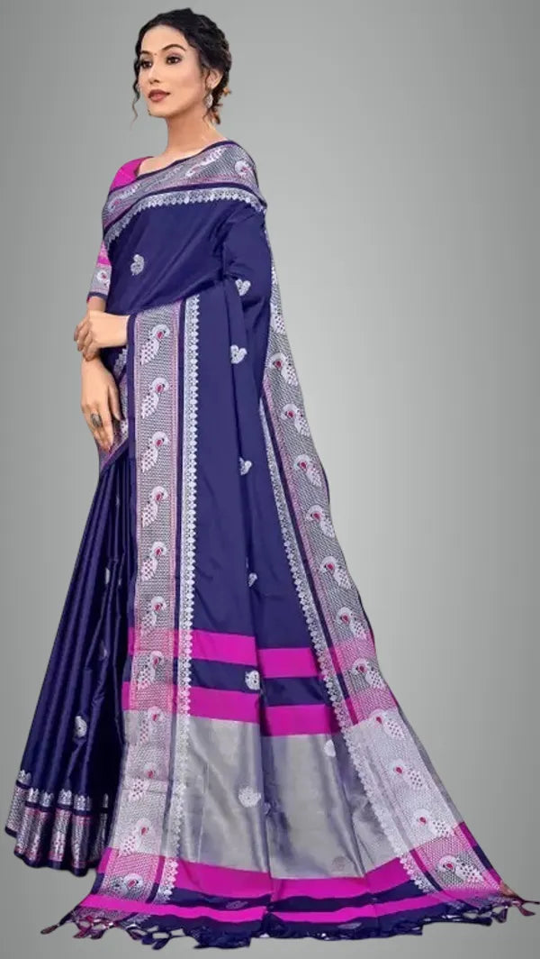 NAVY BLUE SOFT COTTON SILK SAPPHIRE NIGHTFALL CHARM SAREE FOR WOMEN