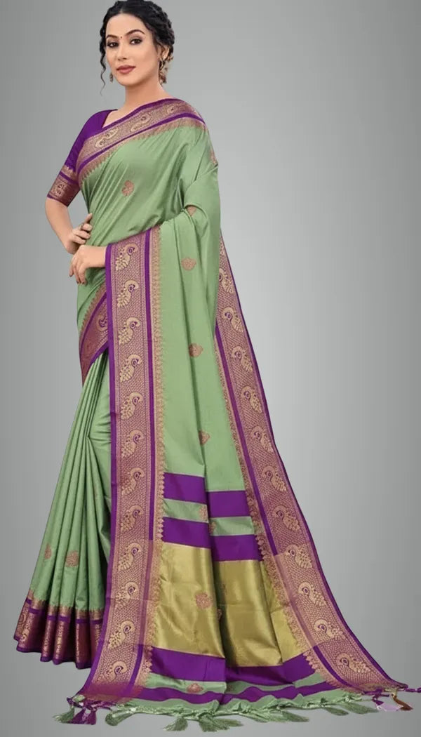 SAGE GREEN$ PURPEL SOFT COTTON SILK ORCHID WHISPER SAREE FOR WOMEN