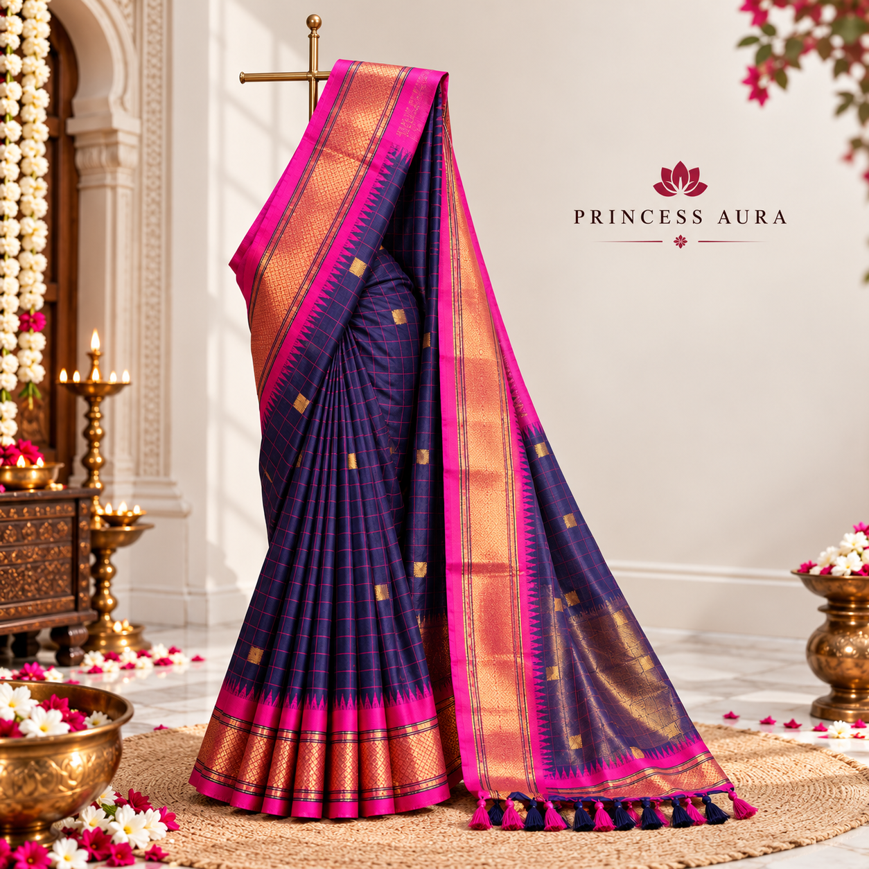 Navy Blue Pink Soft Cotton Silk Ocean Rose Delight Saree For Women