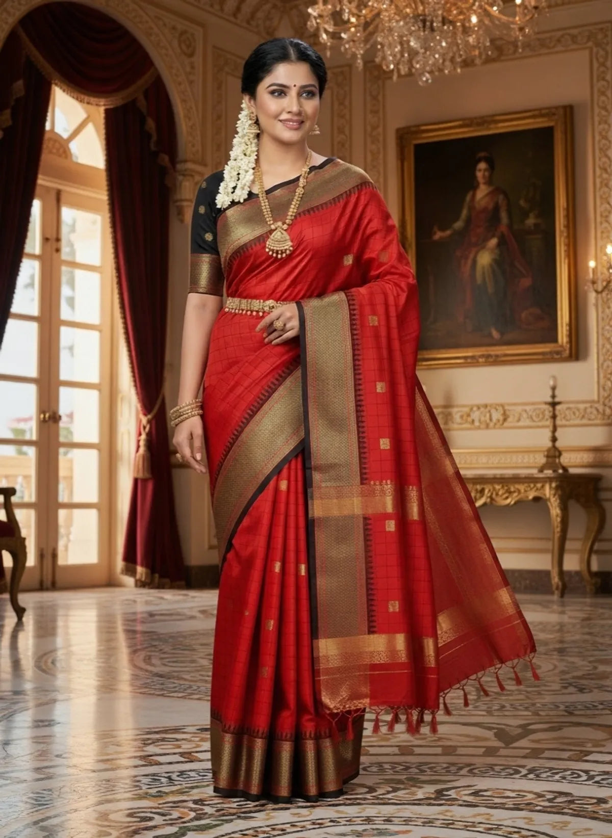 Red Black Soft Cotton Silk Scarlet Noir Symphony Saree For Women