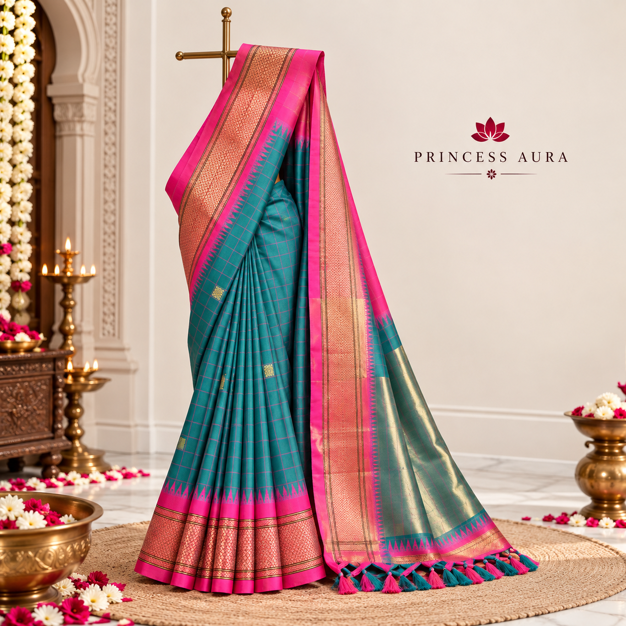 Teal Blue & Pink Soft Cotton Silk Blush Mirage Saree For Women