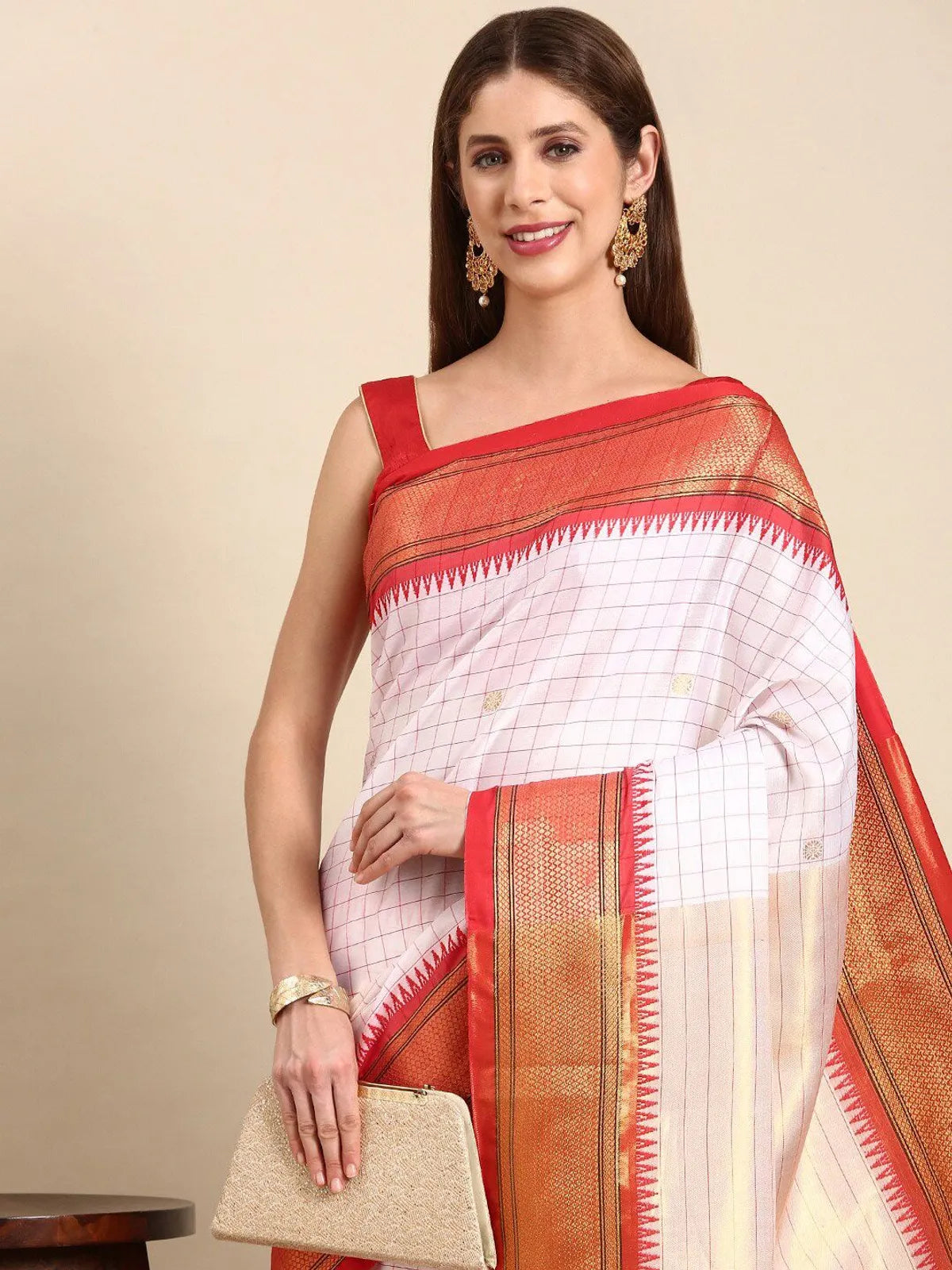 White & Red Soft Cotton Silk Ivory Ruby Radiance Saree For Women