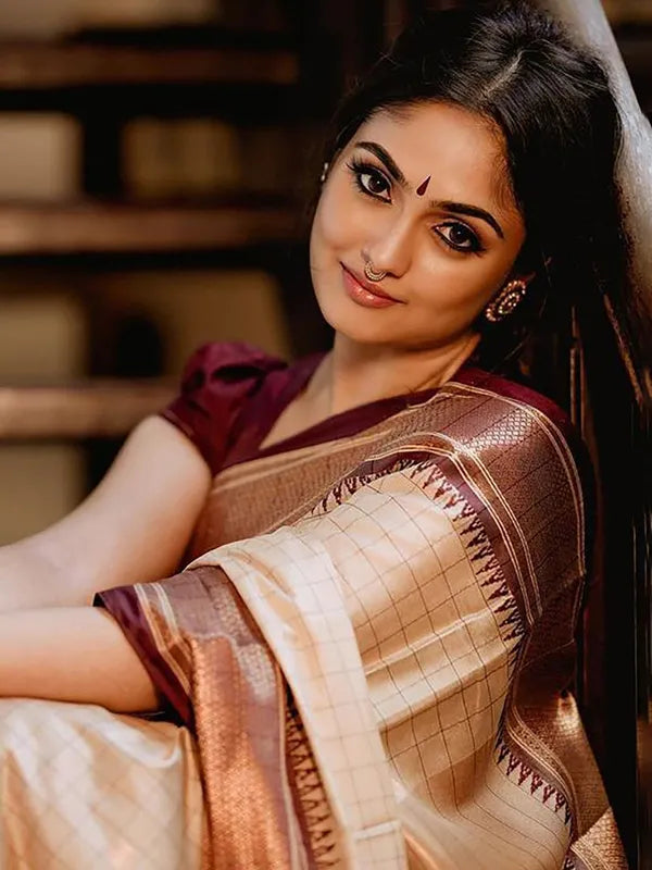 CREAM & BROWN SOFT COTTON SILK LVORY MOCHA DREAM SAREE FOR WOMEN
